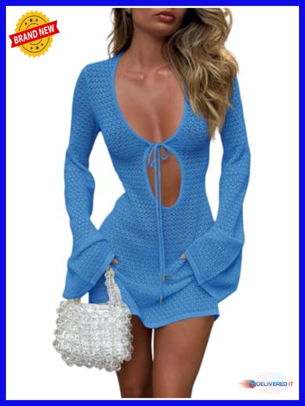Women Crochet Knit Swimwear Cover Up Long Bell Sleeve V Neck Tie Mesh Summer